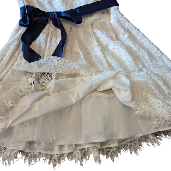 ivory lace dress tulle lined coquette ribbon belt fit & flare Party dress sz 14 - Picture 3 of 8